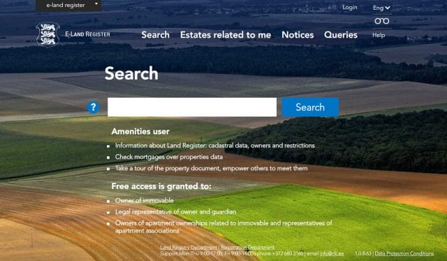 Screenshot of e-land register homepage